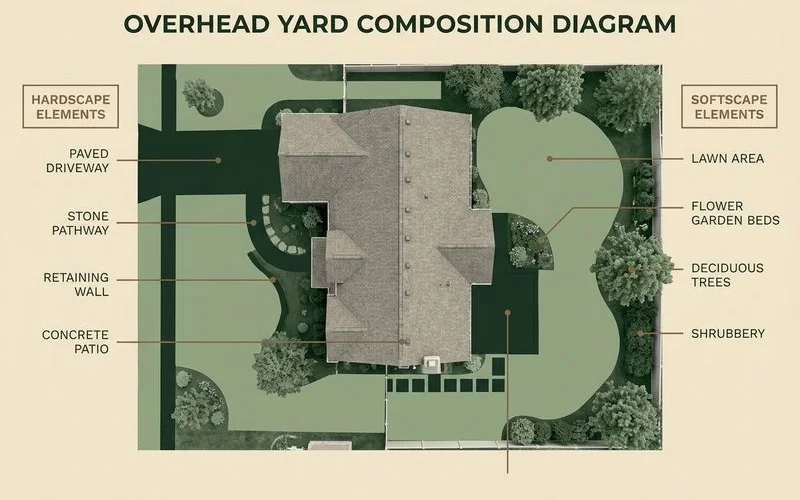 Annotated yard diagram showing hardscape and softscape elements