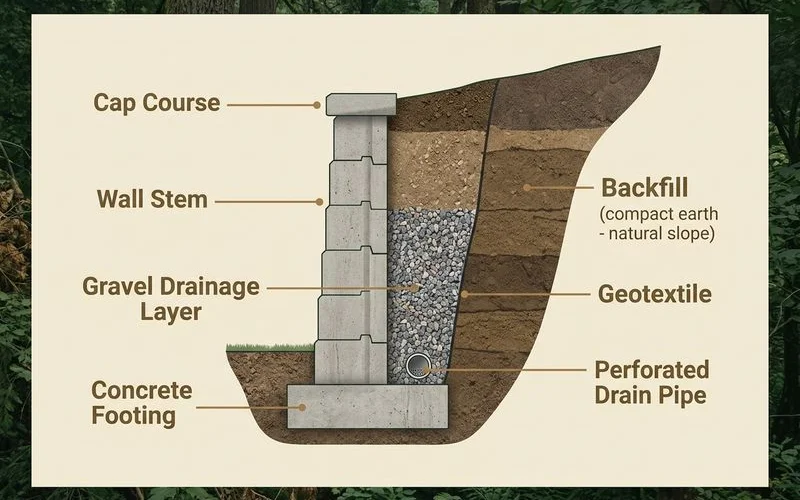Cross-section of a retaining wall with footing, stem, drainage, and cap labeled