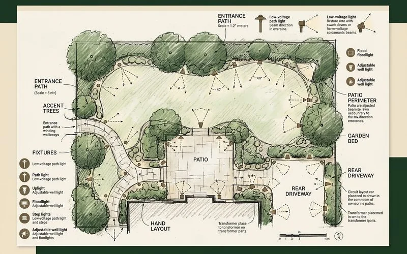 Designer's lighting plan overlay showing fixture types and beam directions