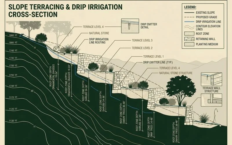 Designer's slope cross-section showing terraces, drip contour lines, and root zones