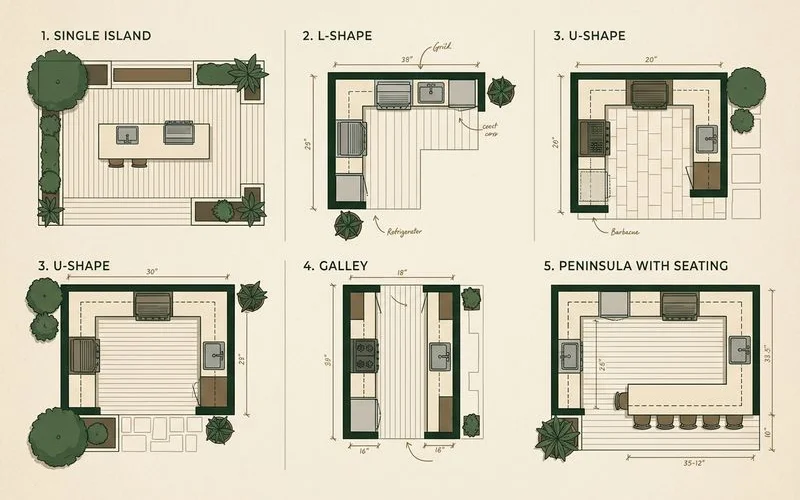 Five outdoor kitchen layouts compared — single island, L, U, galley, with seating