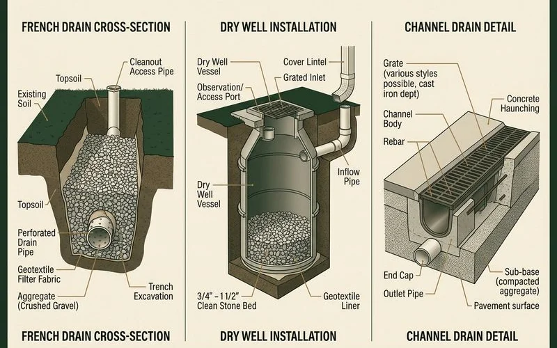 Three side-by-side diagrams of French drain, dry well, and channel drain components