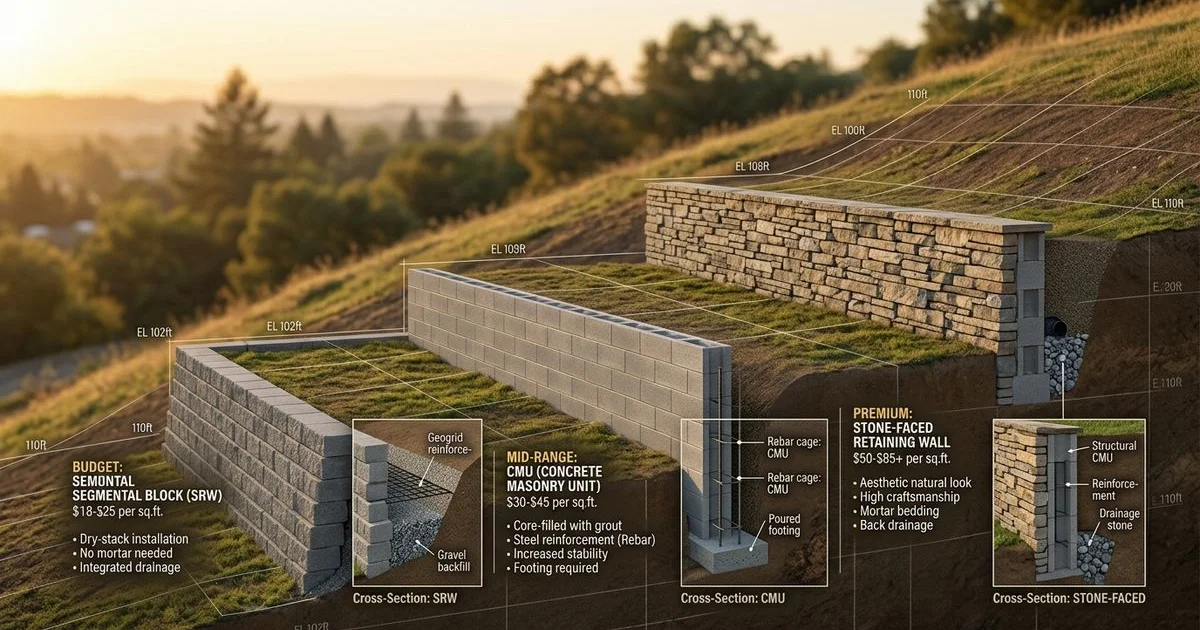 Cost breakdown infographic showing retaining wall pricing at three tiers