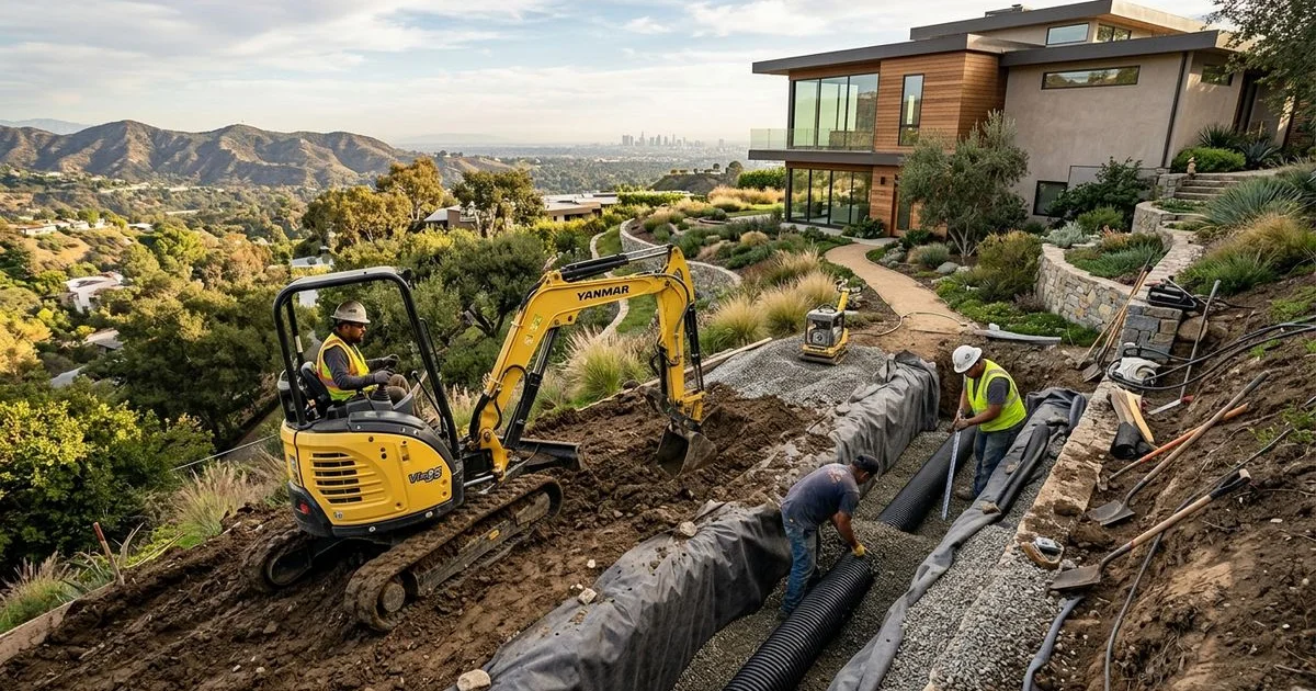 Crew operating a mini-excavator installing drainage on an LA hillside