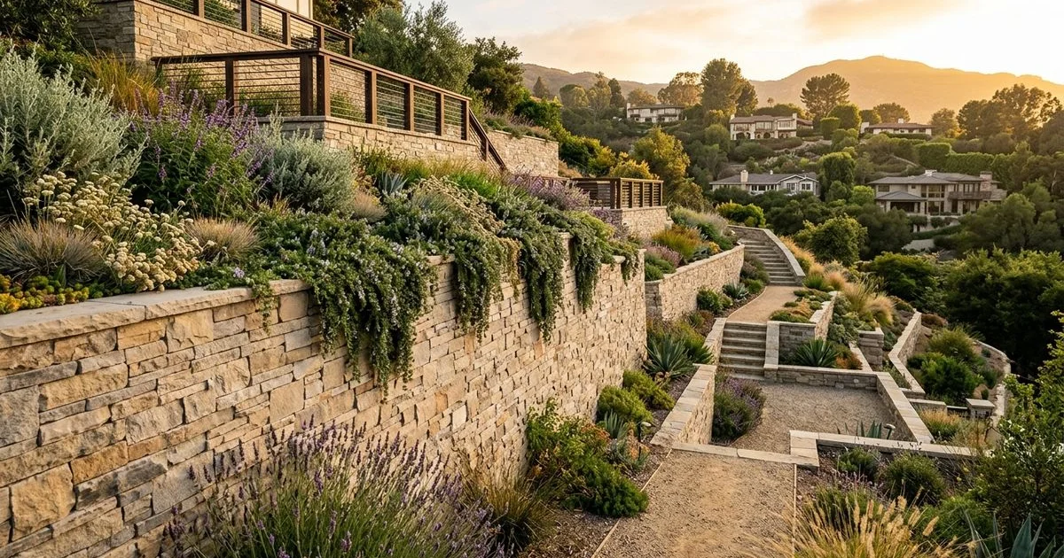 Engineered stone-faced retaining wall terracing a hillside lot in La Cañada Flintridge