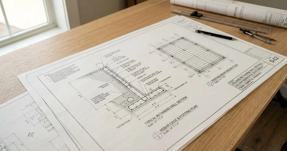Engineered structural drawings for a hillside retaining wall permit submittal