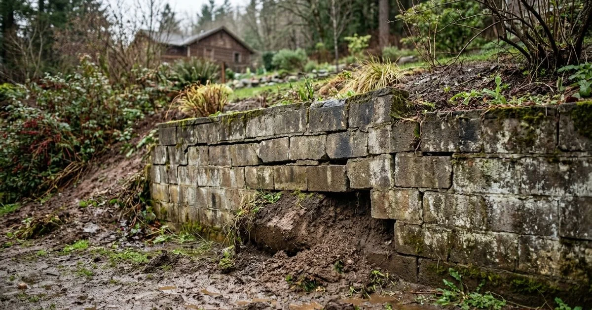 Failed retaining wall showing leaning, cracking, and soil bulge from hydrostatic pressure