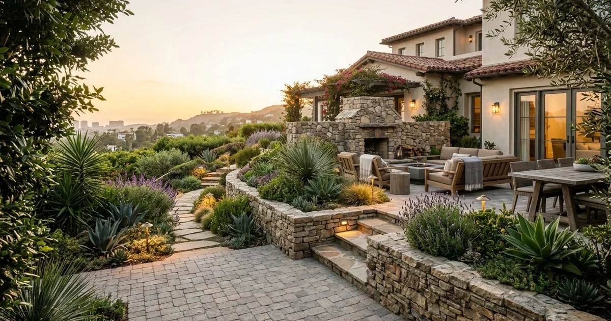 Mature LA backyard with paver patio, retaining wall, drought planting, and integrated lighting