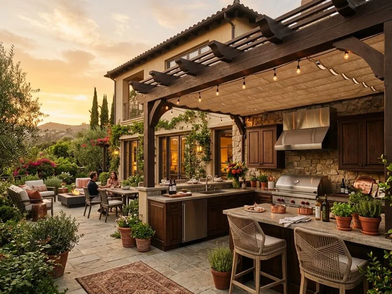Attached pergola with canvas canopy over an outdoor kitchen in Beverly Hills