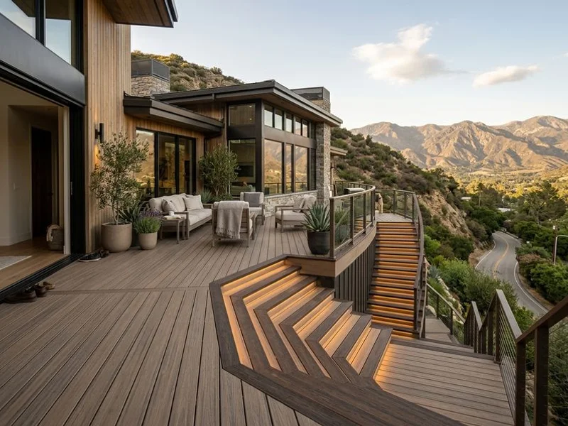 Composite deck wrapping a hillside home in La Cañada
