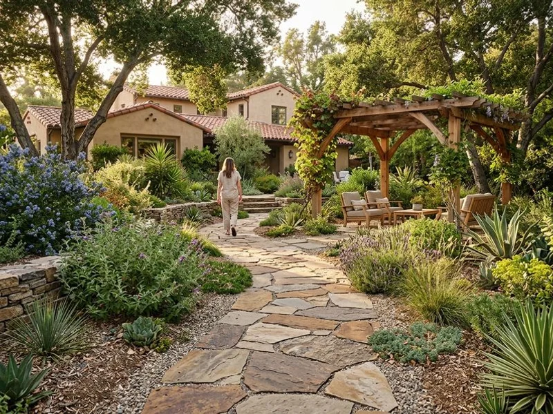 Flagstone walkway through a drought-tolerant garden in San Marino