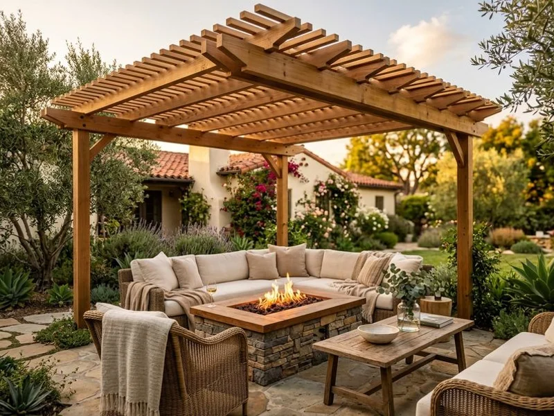 Free-standing cedar pergola over a lounge area in San Marino
