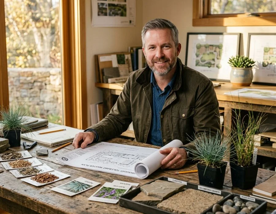 Designer reviewing a drought-tolerant master plan with plant samples